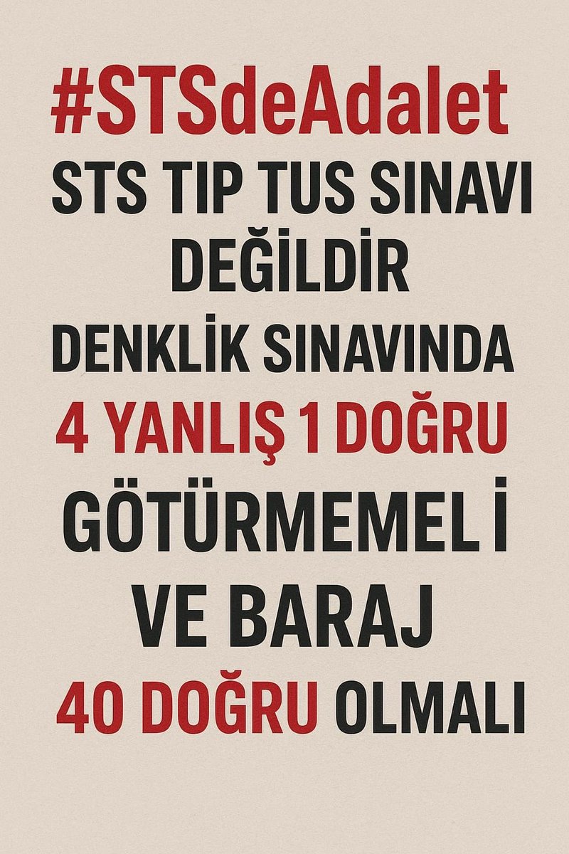 STS’de 4 yanlışın 1 doğruyu götürmesi kabul edilemez.  
Bu bir seviye tespit sınavı!  
4 yanlış cezası kaldırılmalı.

#STSdeAdalet <a href="/saglikbakanligi/">T.C. Sağlık Bakanlığı</a>