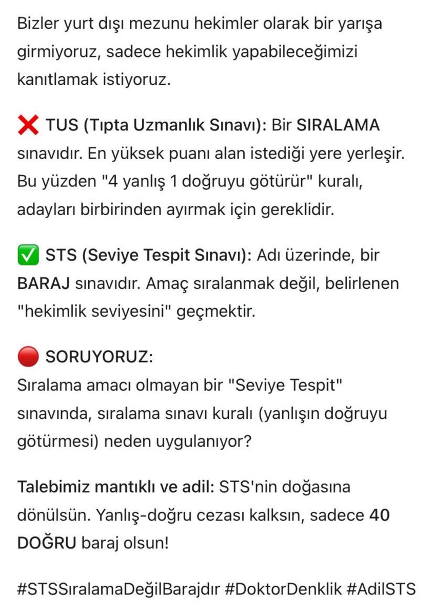 4 yanlış 1 doğruyu götürmez!  
Baraj adil olmalı!  
Sınav tek merkez olmamalı!  

Yurt dışı tıp mezunları haklı taleplerini yineliyor.

#STSdeAdalet <a href="/ttborgtr/">Türk Tabipleri Birliği</a> <a href="/YuksekogretimK/">Yükseköğretim Kurulu (YÖK)</a> <a href="/saglikbakanligi/">T.C. Sağlık Bakanlığı</a> <a href="/OSYMbaskanligi/">ÖSYM</a>
