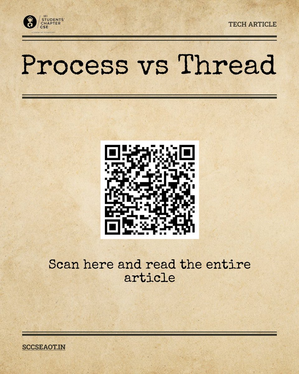 Process vs Thread ⚙️🧠
Same system, very different vibes.

Understand it the practical way.
Scan the QR or click the link 🔗 to read more 
👉 process-vs-threads.hashnode.dev/process-vs-thr…

#OperatingSystems #ProcessVsThread #TechArticle #SCCSE