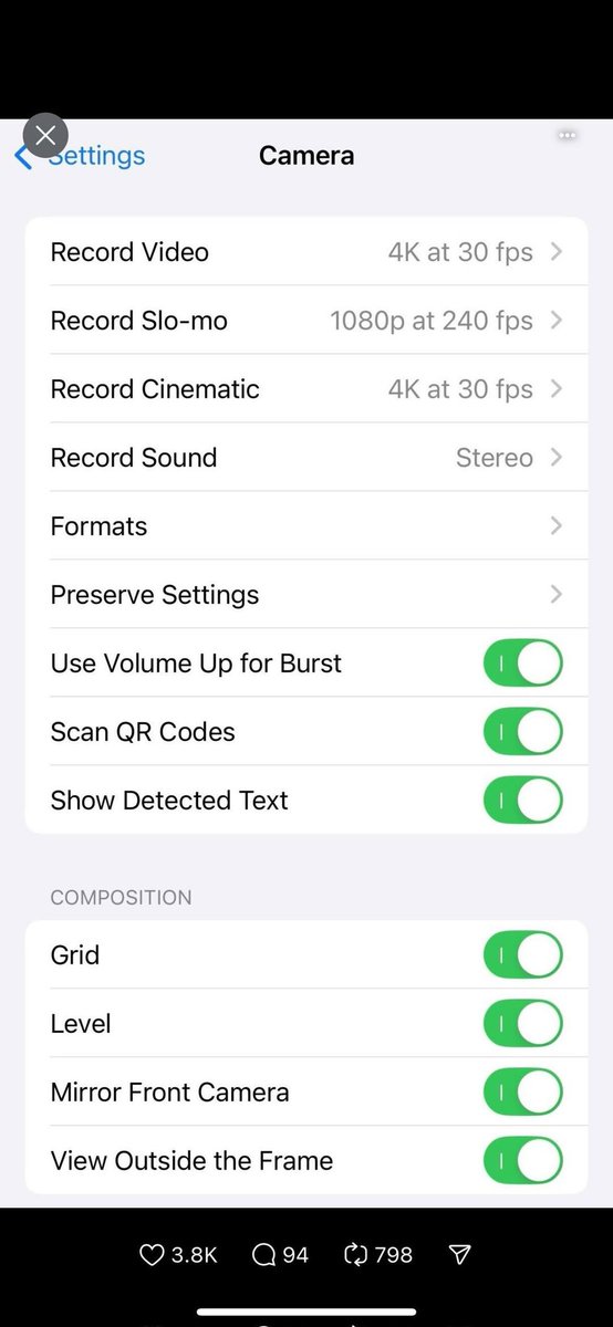 Timmysofine's tweet image. Save these iPhone camera settings for high-quality content!