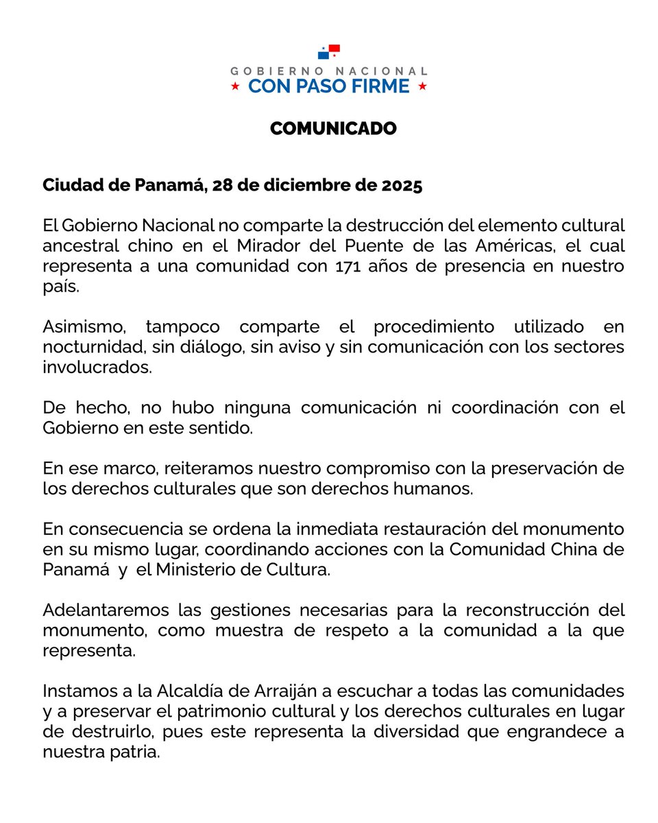 Panamá es diversidad, historia y respeto.

No compartimos acciones realizadas sin diálogo ni consenso.

Preservar el patrimonio cultural es preservar lo que nos une.🇵🇦 #ConPasoFirme