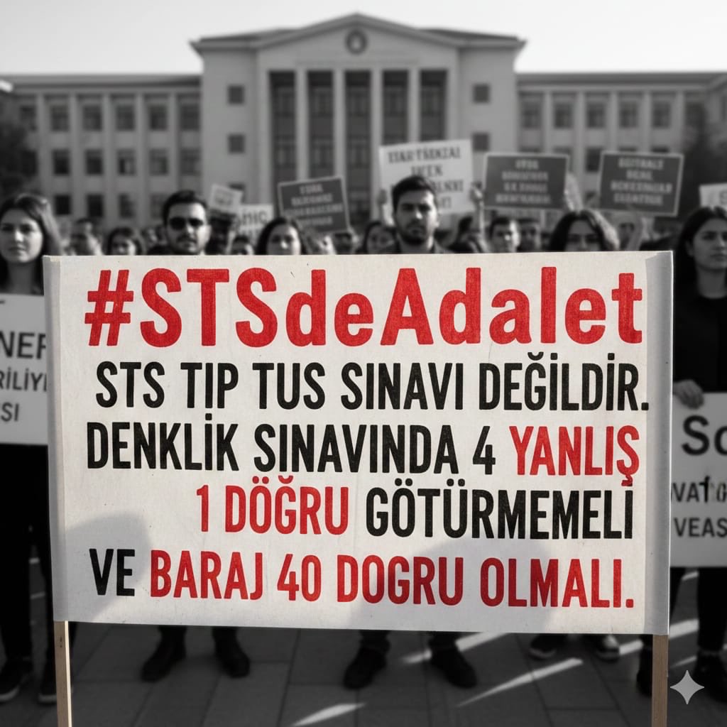 STS bir denklik sınavıdır, TUS değildir!  
4 yanlış 1 doğruyu götürmesi , barajın 40 doğru olması ve sınavın sadece Ankara’da yapılması binlerce hekimi mağdur ediyor.  
<a href="/saglikbakanligi/">T.C. Sağlık Bakanlığı</a> <a href="/drmemisoglu/">Prof. Dr. Kemal Memişoğlu</a> <a href="/OSYMbaskanligi/">ÖSYM</a> <a href="/YuksekogretimK/">Yükseköğretim Kurulu (YÖK)</a> <a href="/ttborgtr/">Türk Tabipleri Birliği</a> <a href="/erolozvar/">Erol Özvar</a>
#STSdeAdalet