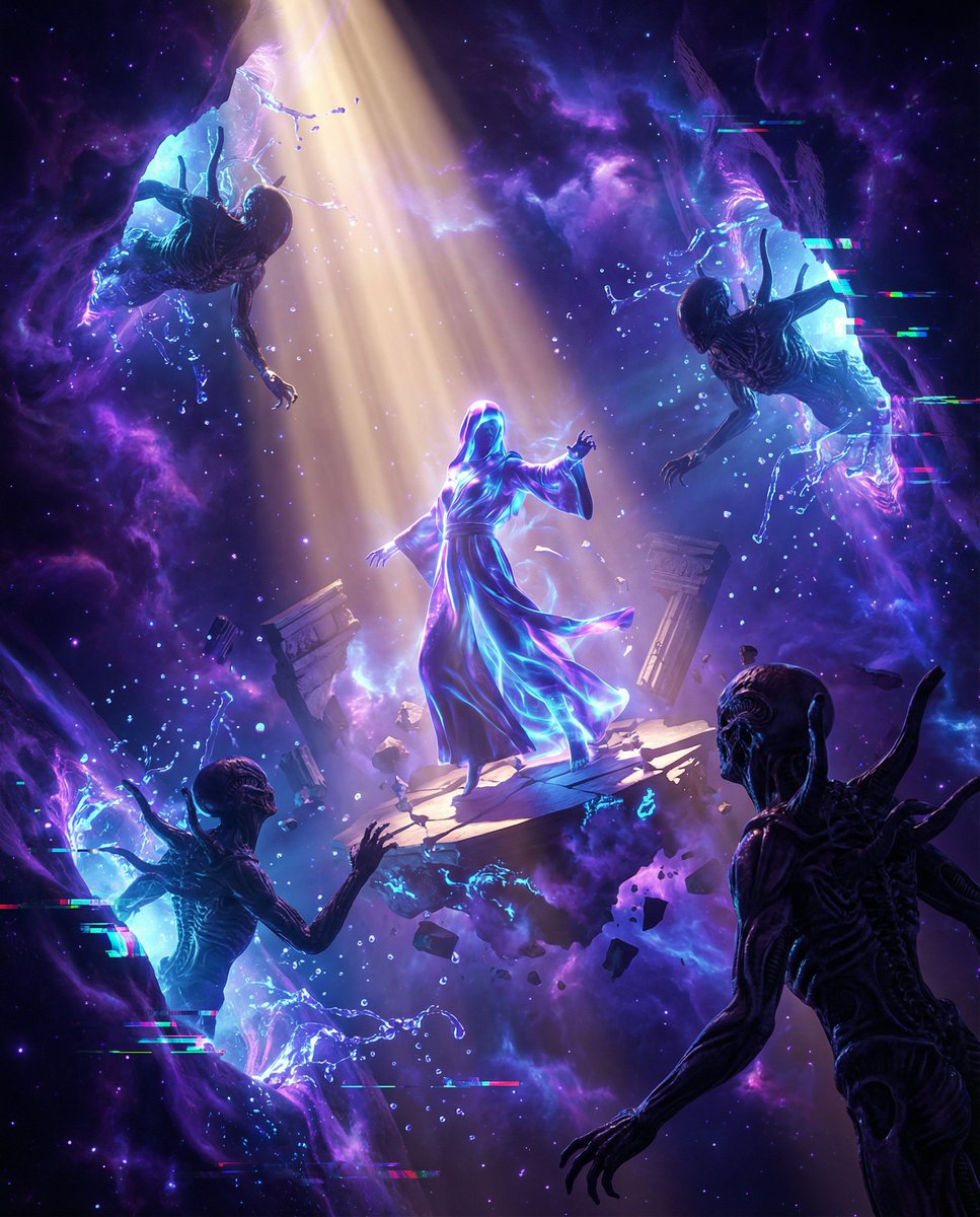 GundiThore's tweet photo. Vexus Divinitus: #INFINITYDRIVE Style
An
#AiArt Image Prompt Template Generator for
@NanoBanana
#PromptShare
Interdimensional Baroque Surrealism Style II
Create a 3D rendered, masterpiece in the style of Cosmic Surrealism and Neo-Futuristic Fantasy. The scene features the subject of the Vexus Divinitus standing at the center of a catastrophic interdimensional crisis.
The subject is captured in an asymmetrical composition, dynamically positioned to face eerie Shadow Clones of themselves that embody their inner fears. These clones should feature H.R. Giger-inspired organic textures, contrasting with the subject's Moebius-influenced fluid form.
The environment is a fracturing reality where timelines intertwine like spirals and nebulas seep into the cracks. Use dynamic lighting that feels responsive to the emotional tension: volumetric god rays should illuminate the subject during this moment of transcendence, while spectral neon glows and bioluminescence highlight the rift energy around them. The color palette should blend nebulous purples for surreal calm with electric blues to represent action. Enhance the scene with digital particle simulations, including liquid splashing effects in the cosmic mist and glitch patterns where reality is collapsing.