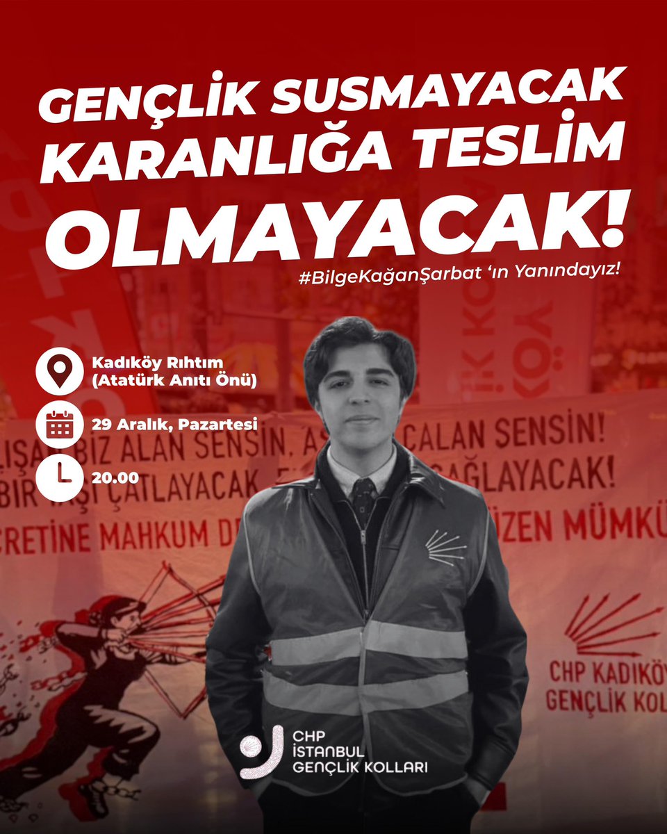 Birimiz özgür değilsek, hiçbirimiz özgür değiliz!

İstanbul’daki tüm genç arkadaşlarımızı, yarın akşam saat 20.00’da, Kadıköy Rıhtım’a davet ediyoruz.

Hakkında tutuklama kararı alınan gençlik kolu yöneticimiz Bilgekağan Şarbat için bir araya geliyor; gençliğe gözdağı vermeye
