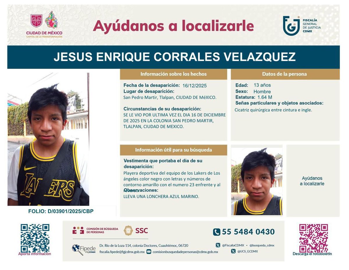 Desde el 16 de diciembre desapareció Jesús Enrique Corrales Velázquez. Su familia está desesperada. 

Por favor ayúdenos a difundir. Muchas gracias de antemano.