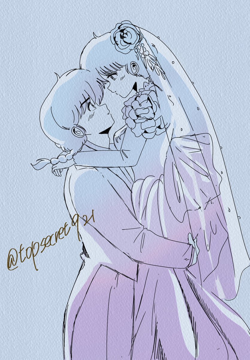 topsecret921's tweet photo. 推しの結婚報告の時、こういうウェディングフォトみたいなのと一緒に報告してもらうのが夢だったけど(どんな夢やw)、今回は叶いそうに無いので最後の望みを乱あに託すww結婚する時はツーショで報告して笑

⚠ラフ画か？ってくらい適当なラクガキ絵ですみませんw
 #乱あ https://t.co/cWO9VNbHtp