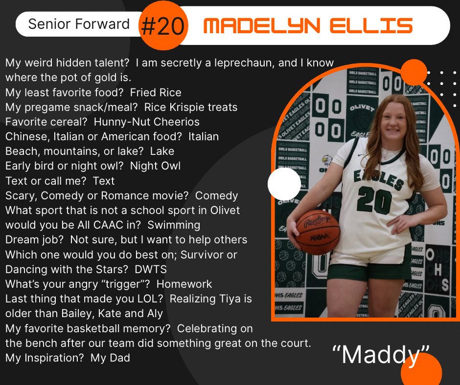 MEET YOUR VARSITY LADY EAGLES!🏀🦅

Maddy Ellis is a senior and third year varsity player.  Maddy brings strength and rebounding ability to the Eagles.