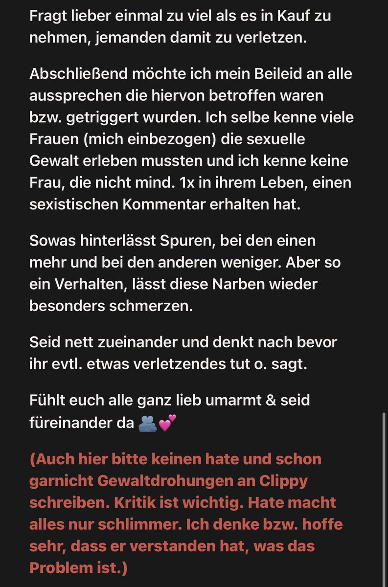 Viele haben bereits das wichtigste gesagt. 
Dennoch wollte ich noch ein paar Worte dazu verlieren, da mir (wie auch vielen anderen) das Thema sehr nahegeht. 

TW - Sexismus &amp; sexuelle Gewalt ist hier Thema