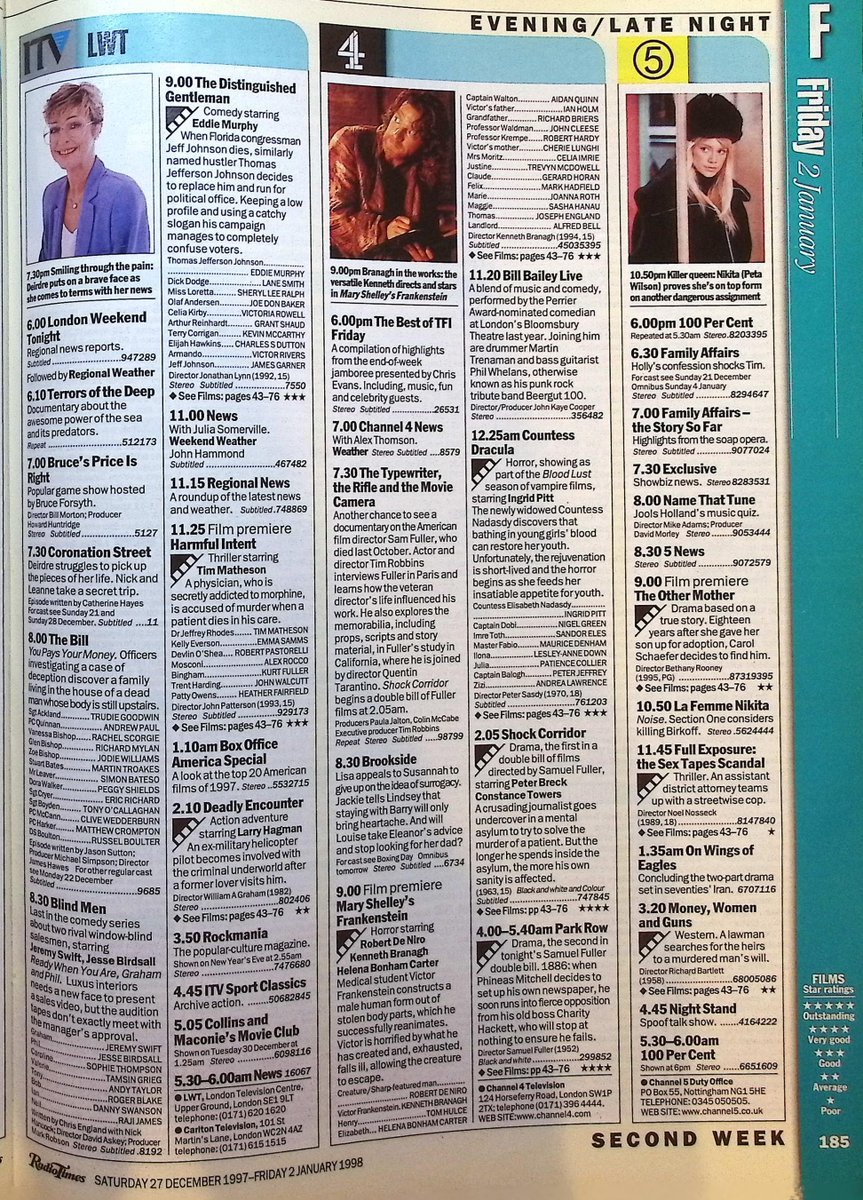TvDidYouSee's tweet photo. #OnThisDay 2 January 1998 📺TV Listings
Deidre struggles to pick up the pieces of her life in #CoronationStreet.
#ShirleyBassey: THIS IS MY LIFE.
#SiobhanFinneran stars in HETTY WAINTHROPP INVESTIGATES.
#NeilStuke in the return of GAME ON.
#BillBailey LIVE on Channel 4. https://t.co/0tyq3rxINu