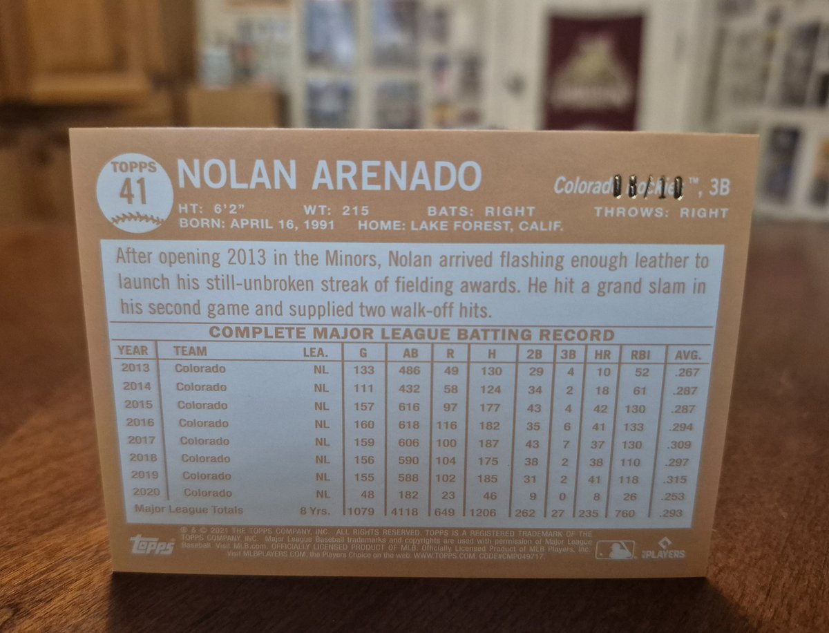 Arenado, #8/10 !

Got this in a <a href="/PineTarBreaks/">Pine Tar Breaks</a> break!

Man, I still remember when this dude had crazy highlights every other day. 

Defense is my favorite part of baseball.

Well that, and George Brett hitting everything in sight.  🤷‍♂️⚾️

🔥😁🔥