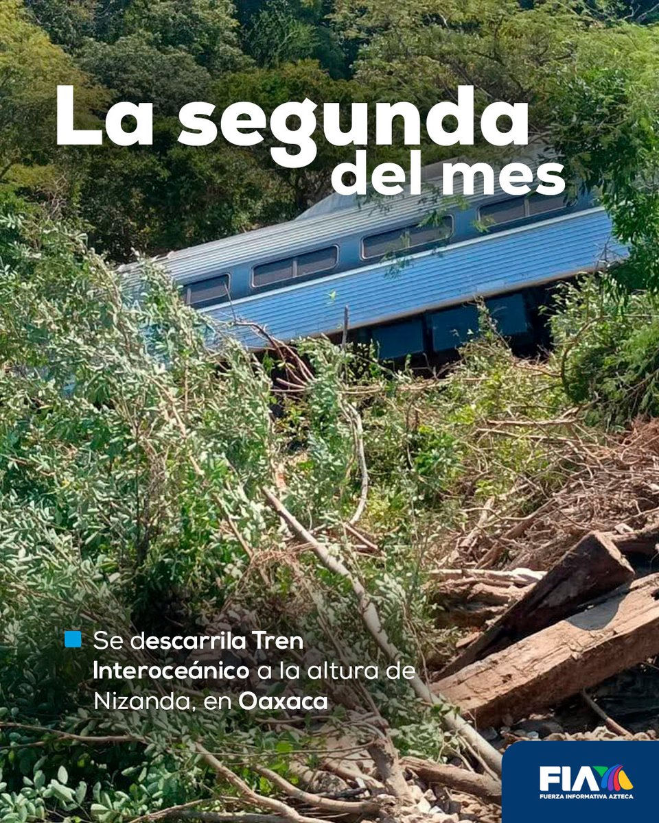 AztecaNoticias's tweet image. #ÚLTIMAHORA | 🚨Segundo incidente del Tren Interoceánico en menos de un mes

La seguridad del Tren Interoceánico vuelve a estar en duda tras registrarse un nuevo descarrilamiento, esta vez en #Nizanda, #Oaxaca. 

La máquina principal de la Línea Z se salió de las vías mientras…