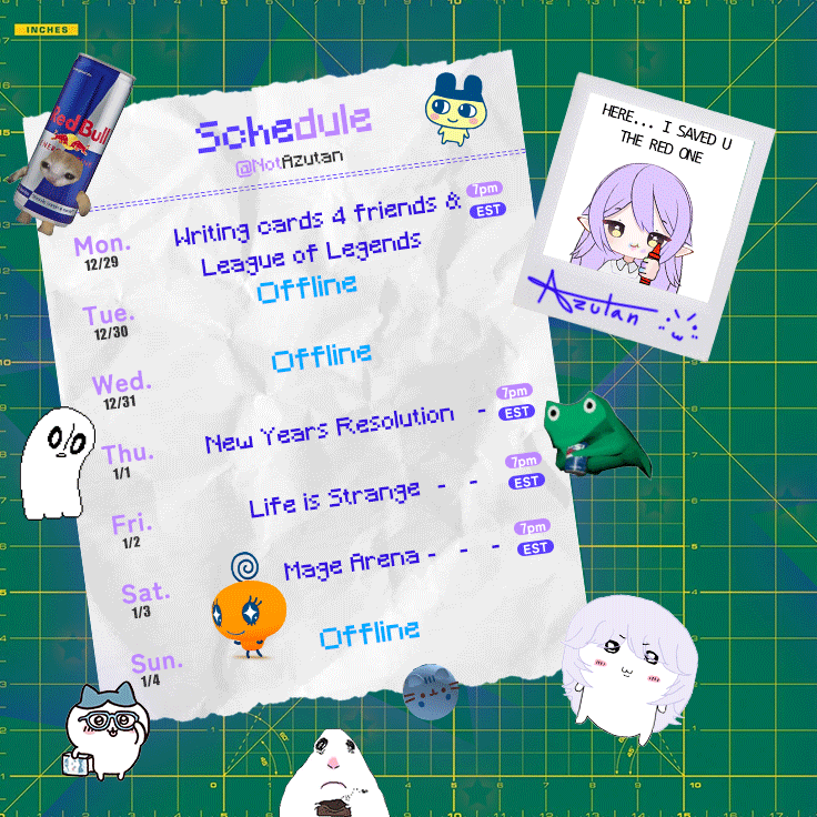 NotAzutan's tweet image. Schedule for December 29-January 4 

Last schedule of the big 25, that's crazy
 #vtuber