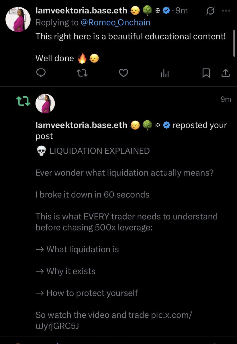 Just coming online to see my onboarding queen <a href="/iamveektoria_/">Iamveektoria.base.eth 🙂‍↔️🌳 ✠</a>

 just finished watching one of my cinematic videos and she loves it

Not to brag but all my cinematic videos do 3 things

Entertain, Educate and Engage the viewer 

That’s the formula I use 

All thanks to