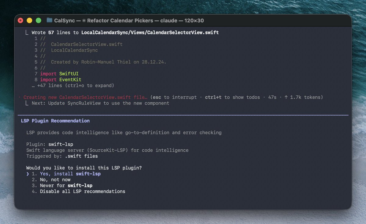 In the latest version, Claude Code detects that I am using it for Swift and suggests me to install the Swift langauge server plugin, so it can access compiler features like go-to-definition and error checking. Really cool!