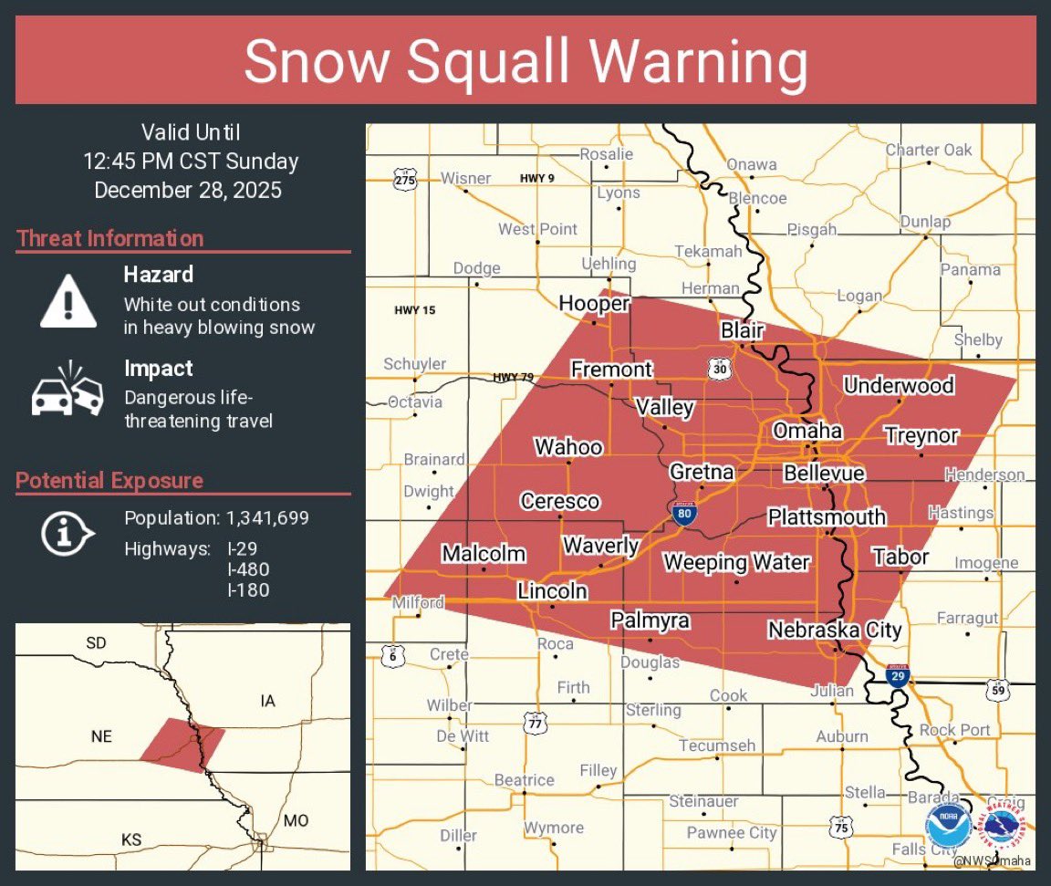 LNKScanner's tweet photo. #LNKWeather -
🌨️ SNOW SQUALL WARNING 🌨️
in effect until 12:45 PM.
Including the Lincoln/Lancaster area.
I-80, I-180, US-6, US-34 near Lincoln, NE
#SnowSquallWarning #Lincoln #Lancaster #WeatherAlert https://t.co/JH6bHEYr6z