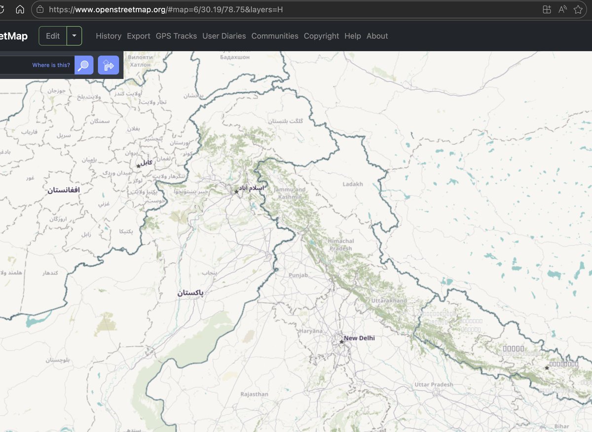 theankitdangi's tweet photo. Observed that @openstreetmap  default rendering shows PoK as part of Pakistan, reflecting ground control rather than India’s constitutional claim.

Digital maps shape perception, and representation of sensitive regions.
Link:
https://t.co/cy5O2br6Rn https://t.co/Qe4X1ZOmwe