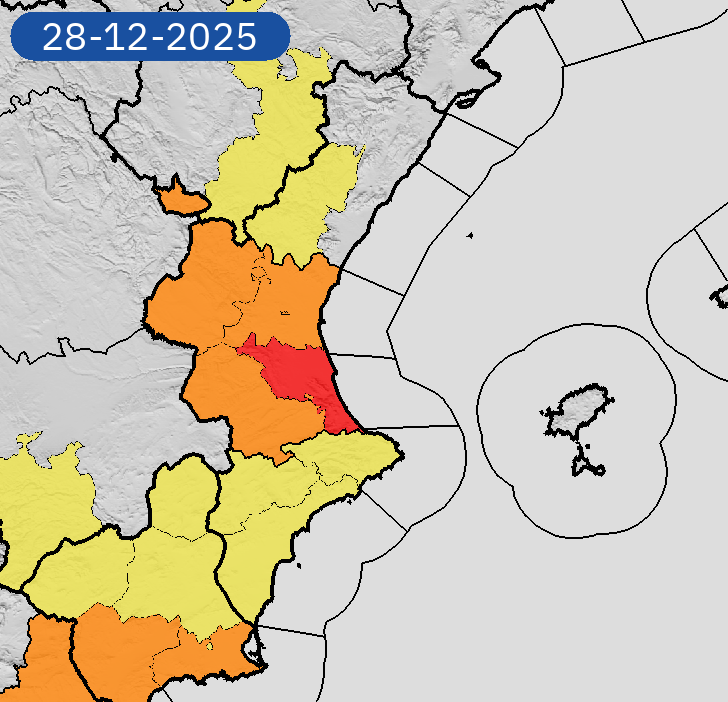 AEMET_CValencia's tweet photo. 28/12 18:54 AVISOS HOY Y MAÑANA | Comunitat Valenciana: lluvias y tormentas. Nivel máximo de aviso: rojo.
Actualizaciones en https://t.co/R3Fs2JzKgr https://t.co/JmwozICpKv