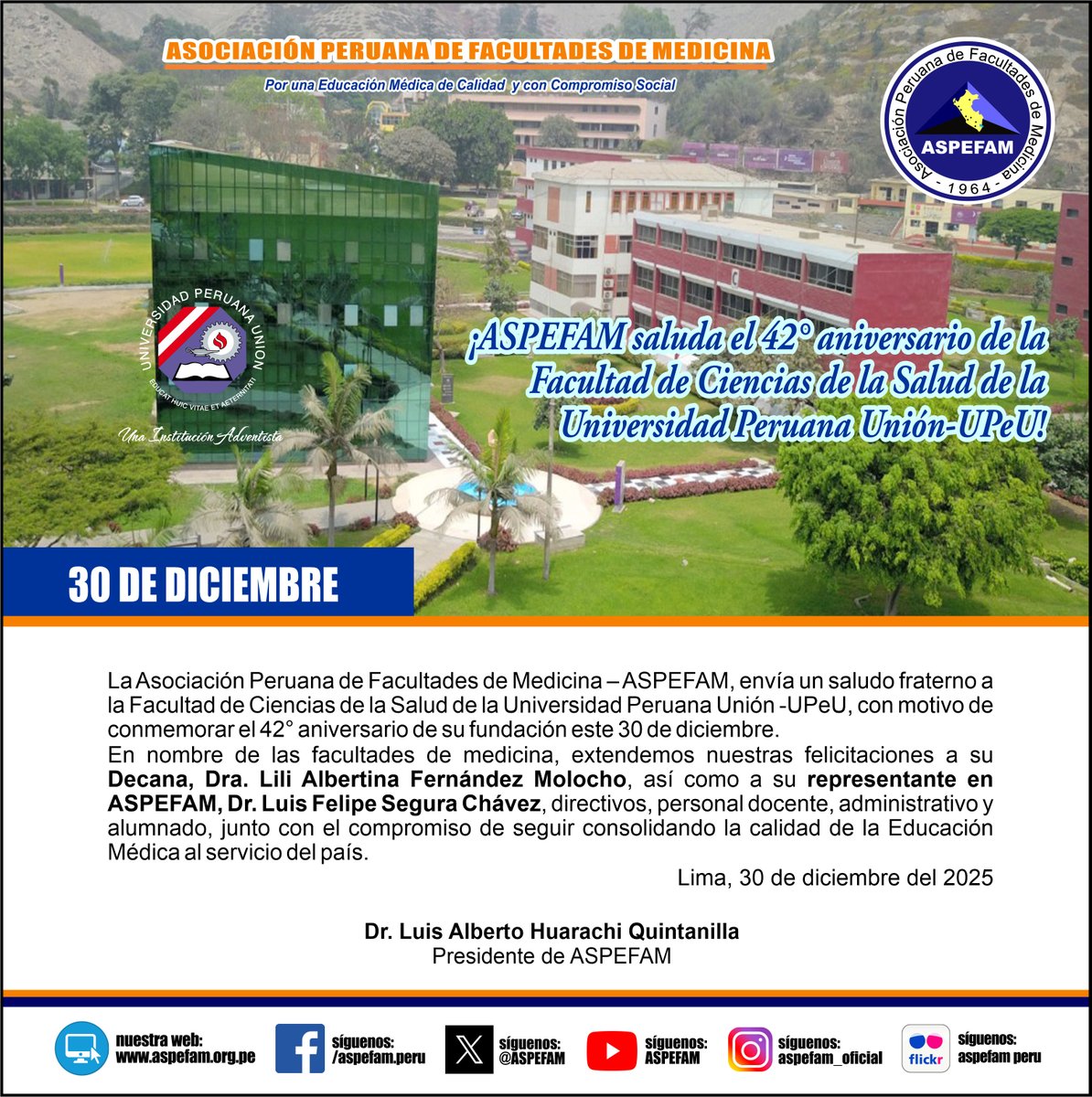 ASPEFAM's tweet image. ✅ ¡ASPEFAM saluda el 42° aniversario de la Facultad de Ciencias de la Salud de la Universidad Peruana Unión-UPeU!
➡️ Ver saludo: goo.su/ac4nX
➡️ Noticias: aspefam.org.pe/prensa.htm
#AspefamPeru #EducacionMedica