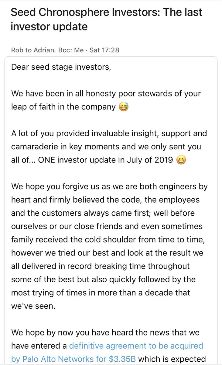 Only 2 investor updates matter: 

1) confirm investment was received 

2) sold the company for 3.35 billion dollars. 

Number of interim updates in the messy middle is not correlated with success in my experience, but they are well appreciated. 

<a href="/roskilli/">Rob Skillington</a> <a href="/chronosphereio/">Chronosphere</a>