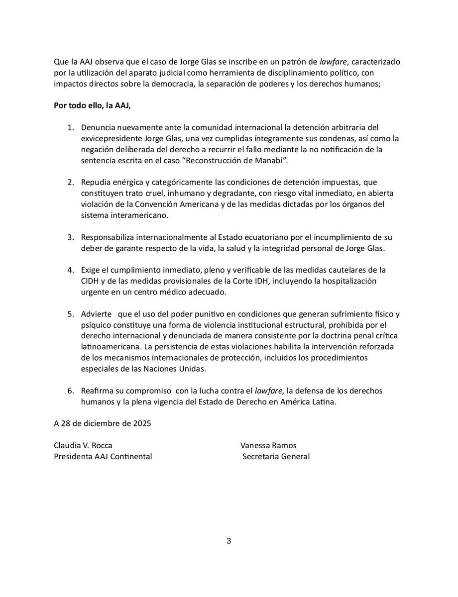 ‼️#URGENTE
La Asociación Americana de Juristas (AAJ) denunció ante la comunidad internacional la detención ilegal del exvicepresidente Jorge Glas y advirtió un riesgo real e inmediato para su vida debido a las condiciones de detención