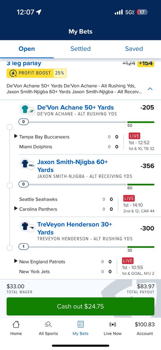 BeezysBets_'s tweet photo. LIVE NFL PARLAY TO START THE DAY
3 LEGS ODDS +124 —-> +154
30% BOOST

DeVon Anchane 50+ Rush Yards
Jaxon Smith 60+ Rec yards
Treyvon Henderson 30+ Rush yards

Hoping for a little
Double up and then some 

Check out my bet on FanDuel Sportsbook! 
 https://t.co/mNPHymr1QE https://t.co/grBomPTLEb