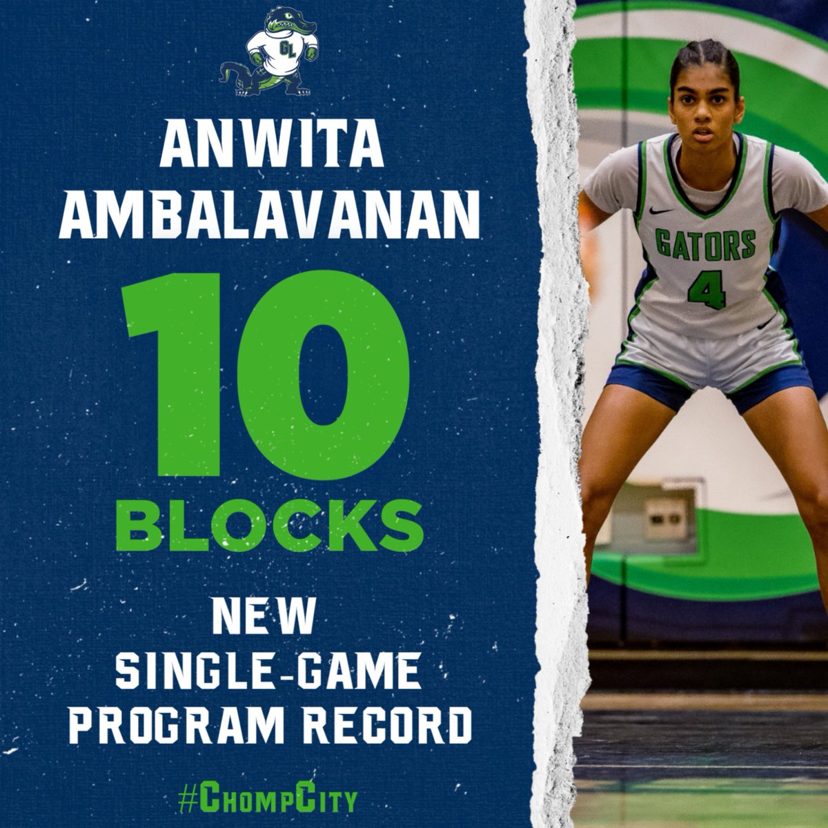 NEW SCHOOL RECORD!

In Saturday's win, Anwita Ambalavanan set a new <a href="/G_L_WBB/">Green Level Women's Basketball</a> record with TEN blocks in a single game!

#ChompCity