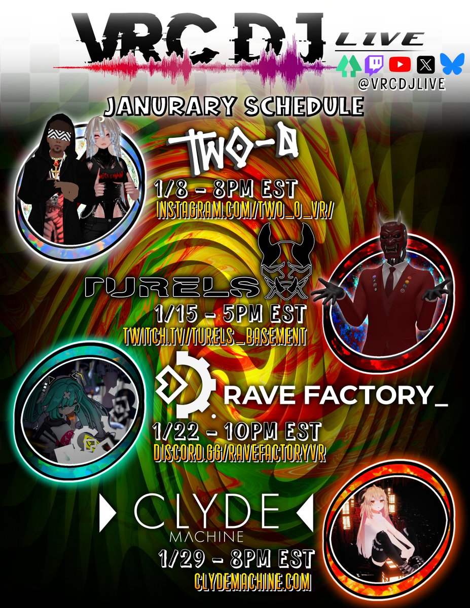 VRCDJLIVE's tweet photo. New Year, New Me, right? ...and who knows? We might begin seeing new performers in 2026! Get ready to talk about it on this month's VRCDJLIVE!

@Aktiveight 
@Turels_VR 
@ThehomieDouggie 
@ClydeMachine 

https://t.co/EsVXIHGa9j https://t.co/YfKw6KFlIM