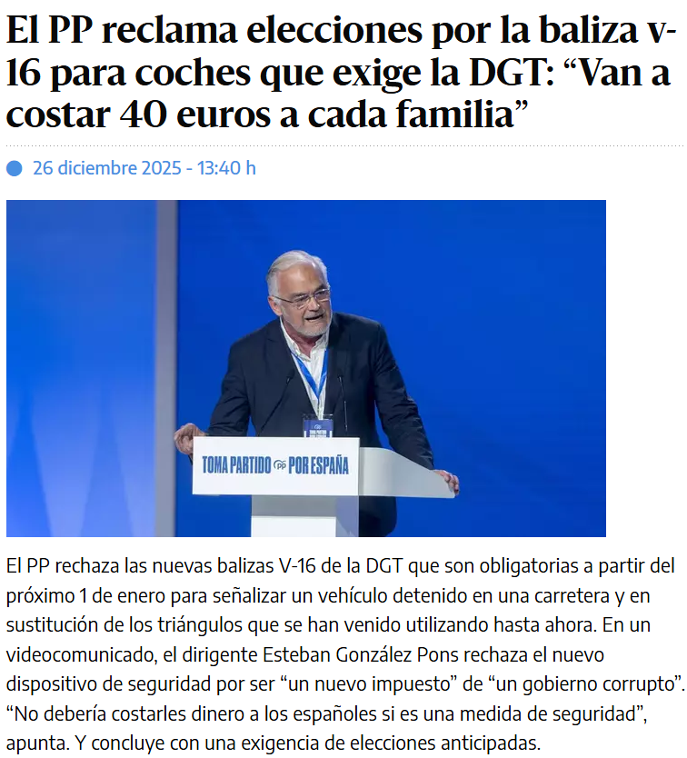 comuflauta's tweet photo. Partido Popular en la Comisión de Seguridad Vial de Junio de 2025:

"Valoramos positivamente que la DGT haya optado por la señal luminosa V16"

Partido Popular hace 2 días: 

El PP pide elecciones por la Baliza V-16.

VOX en la Comisión de Seguridad Vial de Junio de 2025:

"Hay que avanzar en la conectividad e implementación de tecnologías incluyendo el uso de la V16 como señalamos antes."

VOX en diciembre: Suspensión de la obligatoriedad de las balizas.