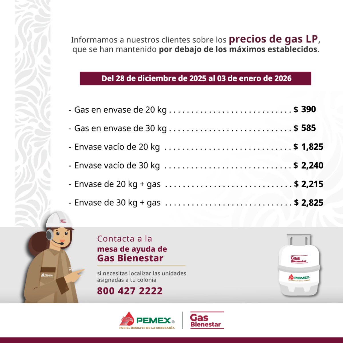 Precios de #GasBienestar vigentes en la Ciudad de México del 28 de diciembre 2025 al 03 de enero 2026