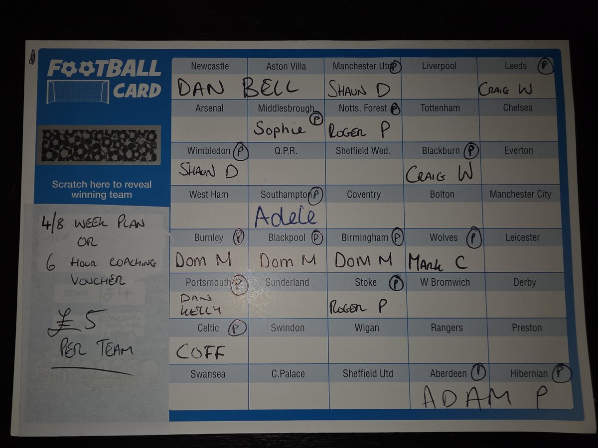 FOOTBALL CARD!🎯🎯🎯

Still plenty of teams left!👌🏻

Stake - £5 per team 💰
Prize - 4/8 Week Plan OR 6 Hour Coaching Voucher worth £230! 😲

If you would like a go please let me know! 😊💙🎯