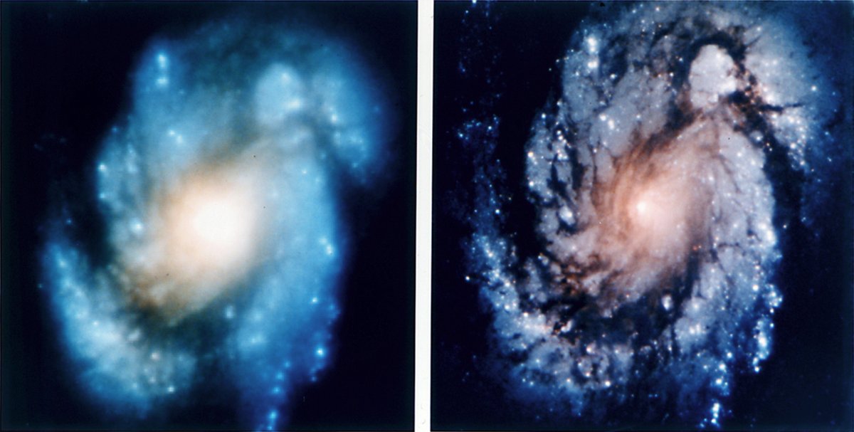 Fascinating comparison of M100, the Spiral Galaxy: one side shows its blurred appearance before the 1993 Hubble repair mission, and the other side reveals the crisp, detailed view after the optics correction.

(Credit: NASA)