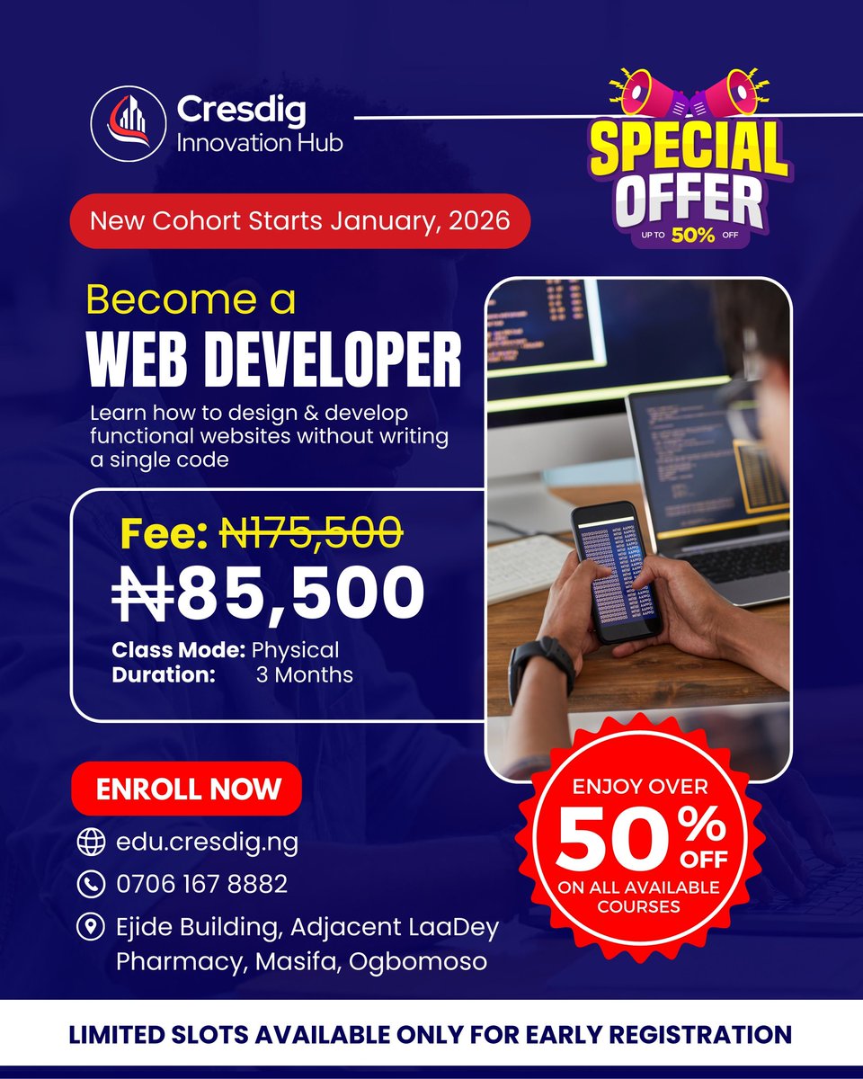 cresdig's tweet image. 🔥 Learn In-Demand Tech Skills Without Breaking the Bank

Dreaming of a tech career but worried about the cost?
At Cresdig Innovation Hub, money should never stop your growth.

🚀 January 2026 Cohort is OPEN
🎉 Enjoy OVER 50% OFF on ALL courses
💡 Pay less. Learn more. Build real