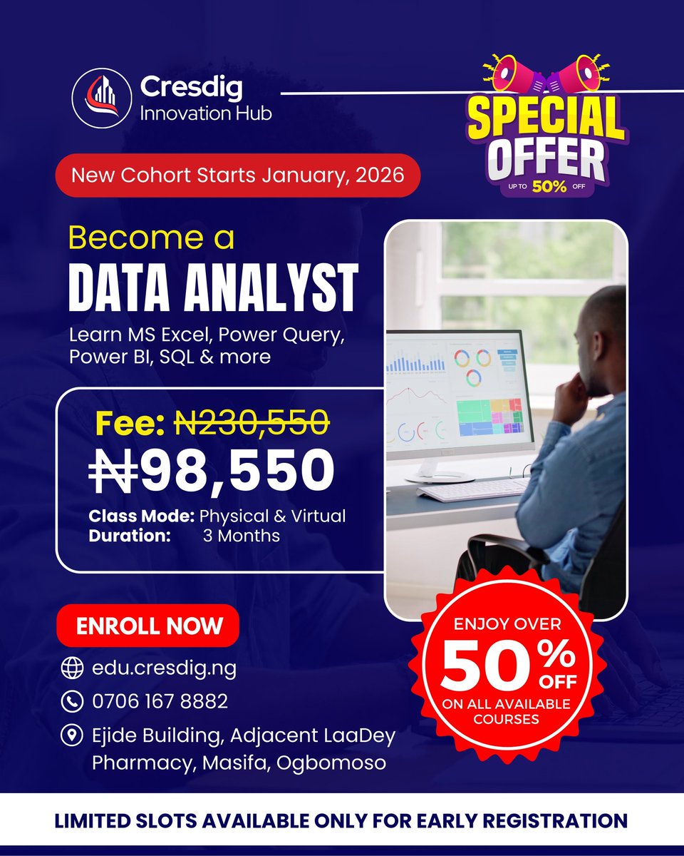 cresdig's tweet image. 🔥 Learn In-Demand Tech Skills Without Breaking the Bank

Dreaming of a tech career but worried about the cost?
At Cresdig Innovation Hub, money should never stop your growth.

🚀 January 2026 Cohort is OPEN
🎉 Enjoy OVER 50% OFF on ALL courses
💡 Pay less. Learn more. Build real