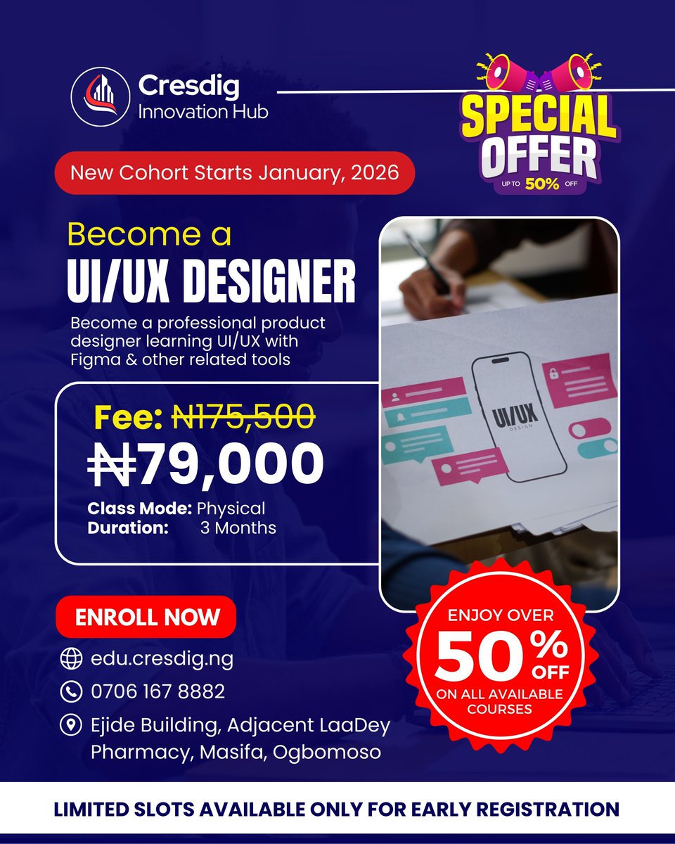 cresdig's tweet image. 🔥 Learn In-Demand Tech Skills Without Breaking the Bank

Dreaming of a tech career but worried about the cost?
At Cresdig Innovation Hub, money should never stop your growth.

🚀 January 2026 Cohort is OPEN
🎉 Enjoy OVER 50% OFF on ALL courses
💡 Pay less. Learn more. Build real