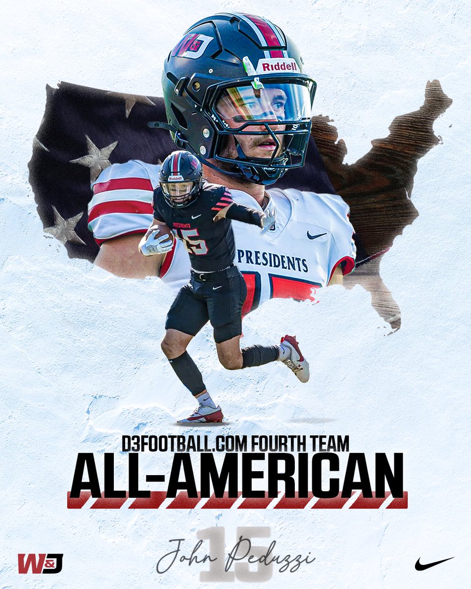 Congratulations to <a href="/WJFootball/">W&J Football</a> senior wide receiver John Peduzzi on being named a D3football.com Fourth Team All-American!

Peduzzi becomes the eighth wide receiver in program history to earn All-America honors from D3football.com. Peduzzi is the first W&amp;J