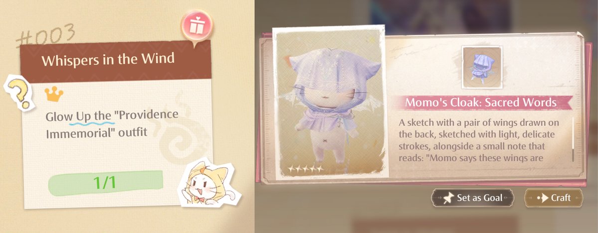 WhisperingNikki's tweet image. ♾ Infinity Nikki Version 2.0 “Terra’s Call”

5-Star Momo’s Cloak [Sacred Words]

How to Obtain🔻
Complete Courses → All Fun Everywhere → 03 Miracle of the Divine → Whispers in the Wind: Glow up the "Providence Immemorial" outfit

Crafting Materials 🔻
[Rainbow Fish] × 30 kg…