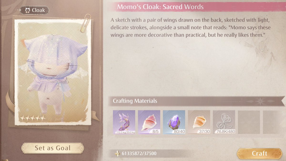 WhisperingNikki's tweet image. ♾ Infinity Nikki Version 2.0 “Terra’s Call”

5-Star Momo’s Cloak [Sacred Words]

How to Obtain🔻
Complete Courses → All Fun Everywhere → 03 Miracle of the Divine → Whispers in the Wind: Glow up the "Providence Immemorial" outfit

Crafting Materials 🔻
[Rainbow Fish] × 30 kg…