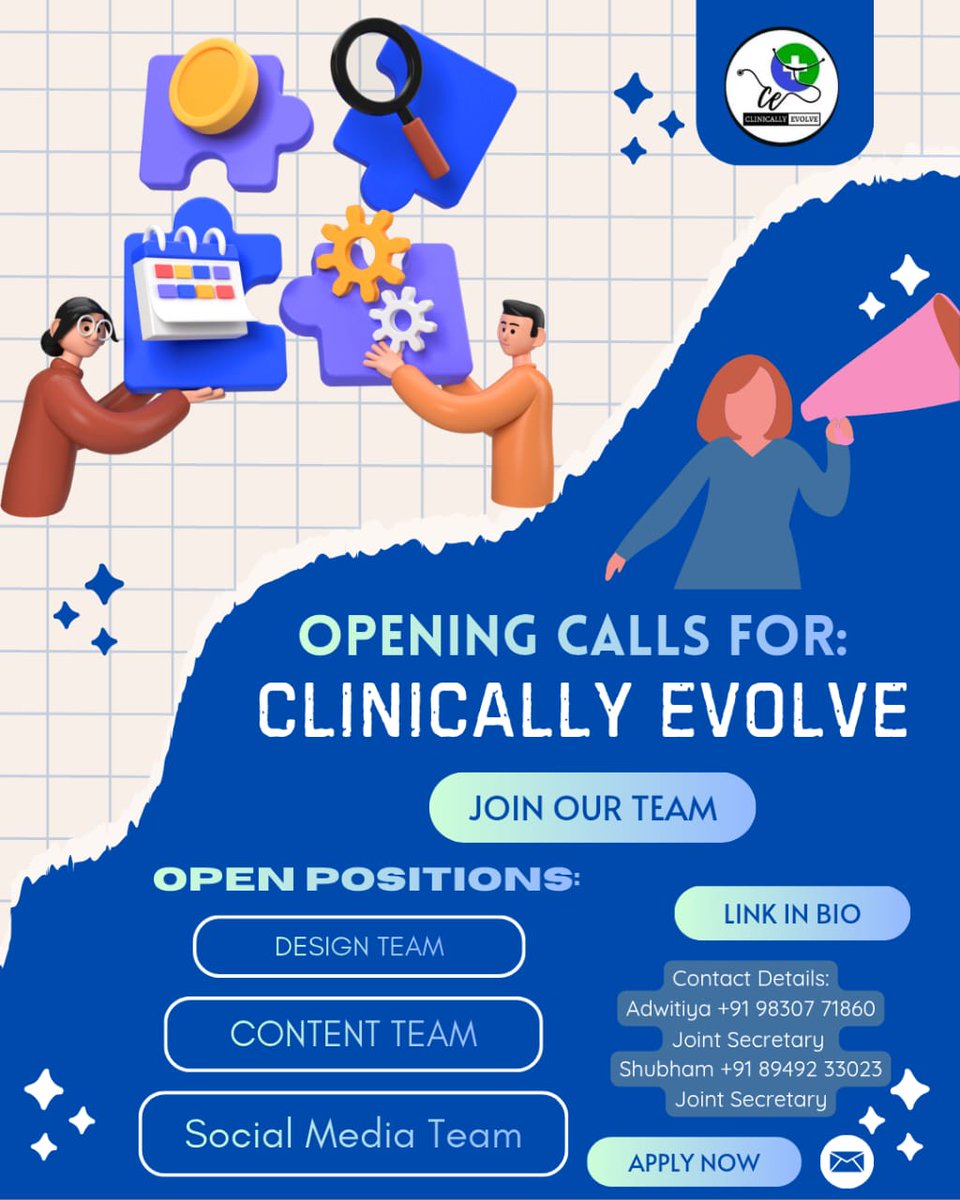 🚀✨ Opening calls for Clinically Evolve

We’re expanding and looking for creative minds to join our Design, Social Media, and Content teams.
🎨 Open Roles:
• Design Team
• Social Media Team
• Content Team 

📩 Interested?
Apply here: docs.google.com/forms/d/e/1FAI…