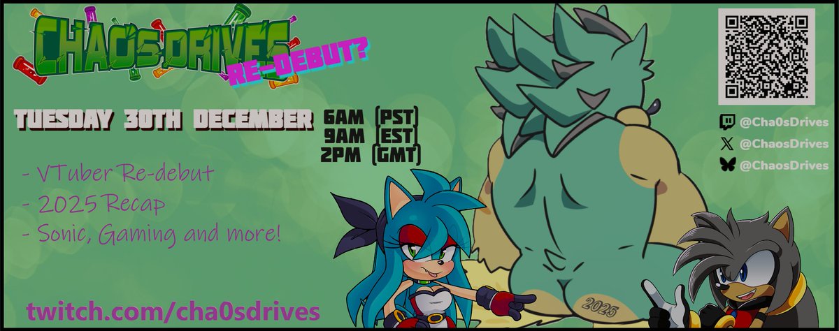 ChaosDrives's tweet image. Join me and my buddies @MoiraAunty and @Corescorner for my return to streaming. I'll be showing off my new VTuber face tracking and we'll be talking all things 2025.

Hope to see you there!