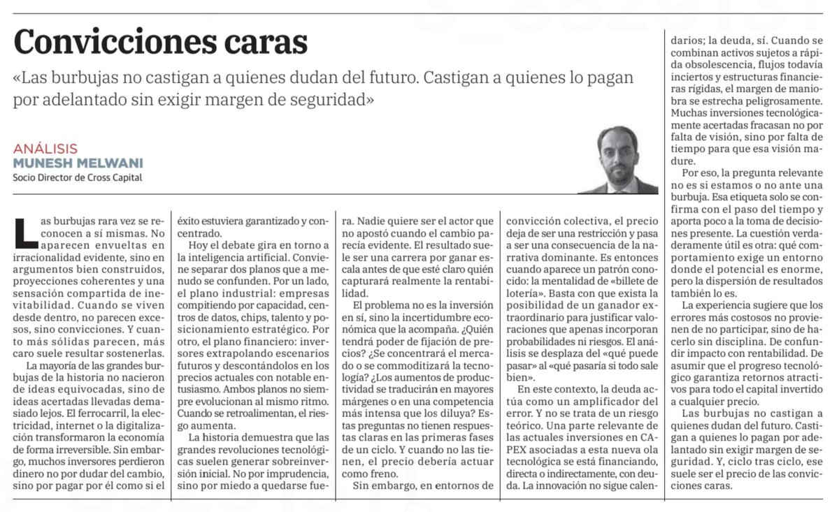 CrossCapital's tweet image. ✍️ «𝗖𝗼𝗻𝘃𝗶𝗰𝗰𝗶𝗼𝗻𝗲𝘀 𝗰𝗮𝗿𝗮𝘀», aportación de nuestro DG @MelwaniMunesh , quien aborda el tema de las burbujas, en un entorno propicio para su formación, como consecuencia de las valoraciones bursátiles de las compañías ligadas a la Inteligencia artificial. Para el…