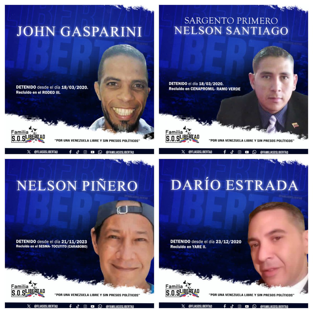 Hoy me toca alzar la voz por cuatro valientes y dignos hombres que se encuentran injustamente Privados de Libertad, ellos son:  John Gasparini, Sargento Primero Nelson Santiago, Nelson Piñero y Darío Estrada. Exigimos su LIBERTAD y el regreso a casa con sus seres amados para que