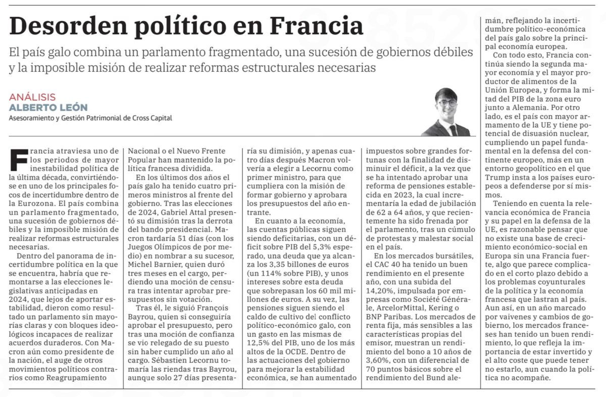 CrossCapital's tweet image. ✍️ «𝗗𝗲𝘀𝗼𝗿𝗱𝗲𝗻 𝗽𝗼𝗹𝗶́𝘁𝗶𝗰𝗼 𝗲𝗻 𝗙𝗿𝗮𝗻𝗰𝗶𝗮», aportación de nuestro compañero @albertolp24 , quien recoge en su artículo la evolución reciente de la política en nuestro país vecino caracterizada por la inestabilidad, cómo han afectado a los mercados y a la…