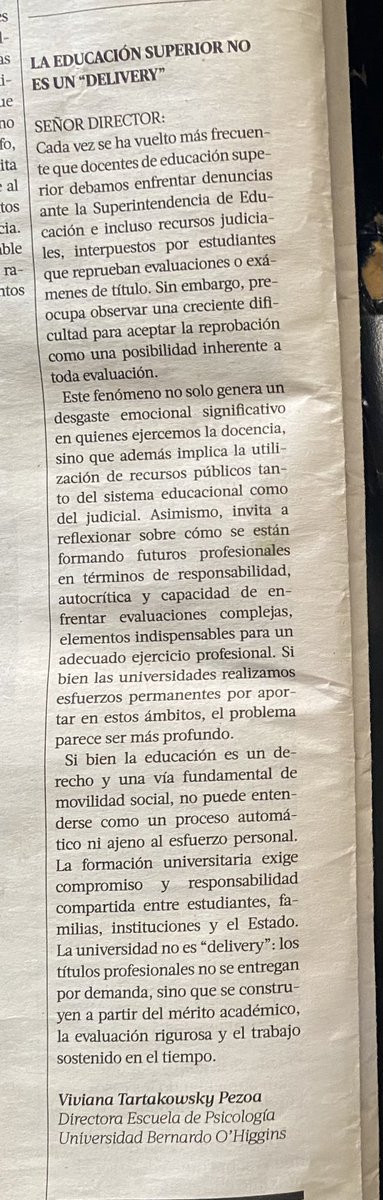 Malvavisca's tweet image. Impresionante lo que denuncia la carta de Viviana Tartakowsky de la Universidad Bernardo O’Higgins: estudiantes que demandan ante la superintendencia de educación reprobar un ramo o el examen de título.