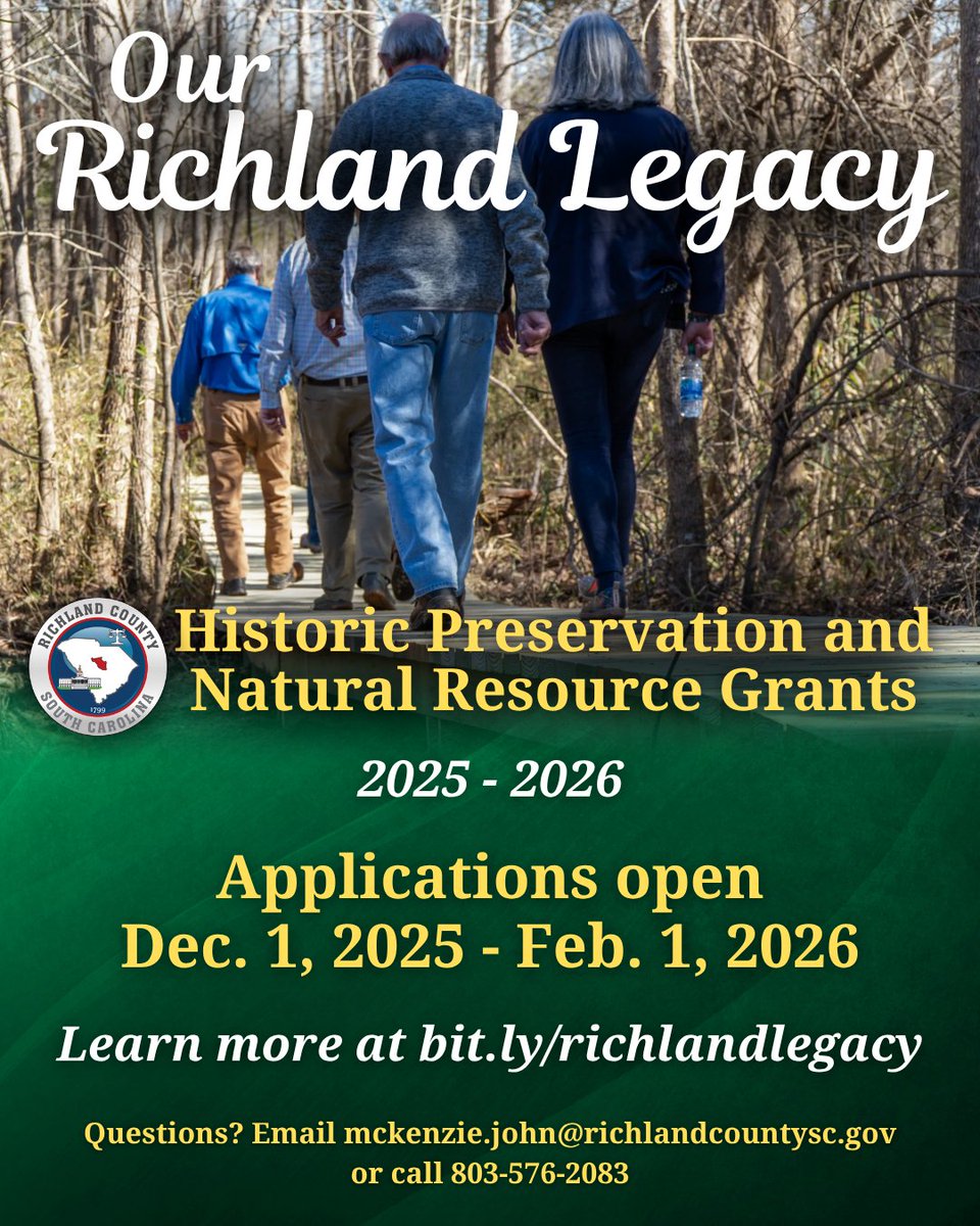 TAKE THE CHANCE. Nonprofits + other groups can now apply for Historic Preservation &amp; Natural Resource Grants to maintain historic buildings, enrich our natural parks + more. Applications due Feb. 1, 2026. Find more grant + contact info: tinyurl.com/j9uur4np.

#RichlandCountySC