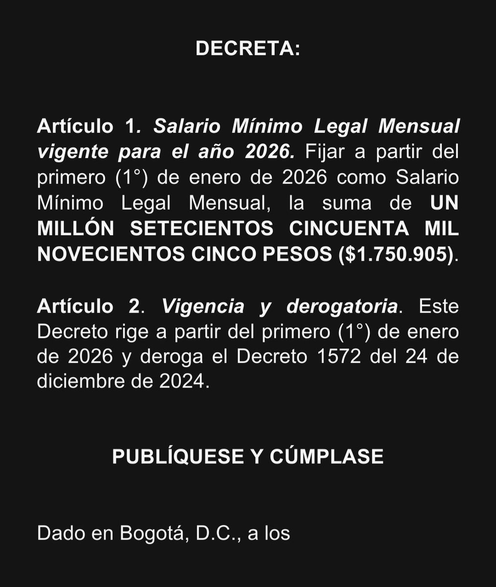 Mauriciotobonf's tweet photo. Urgente: Anda circulando la filtración del decreto de incremento de Salario Mínimo, este se subiría un 23% a $1.750.905. No quiero imaginarme la inflación de enero de 2026, estamos ante unos bandidos populistas. https://t.co/W0loU0fREI
