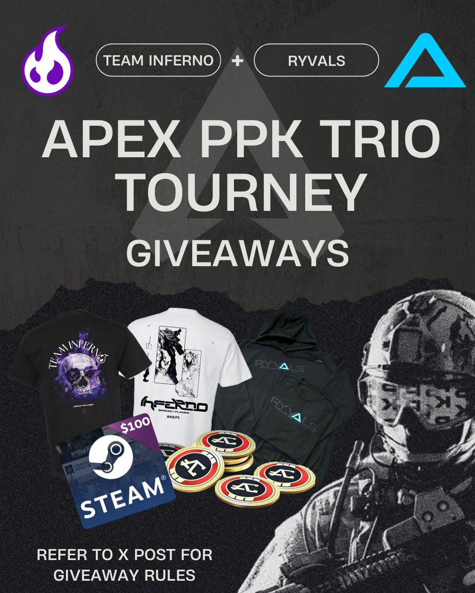 🚨GIVEAWAY TIME!🚨 

3 chances to win 6,700 Apex Coins, a $100 Steam giftcard, or merch from Inferno or Ryvals.

To enter:
- Follow <a href="/TeamInferno_GG/">Team Inferno</a> &amp; <a href="/ryvals/">Ryvals</a>
- Tag a friend
- Repost

Winners will be announced during finals on Jan 4th.

Register for the tournament here: