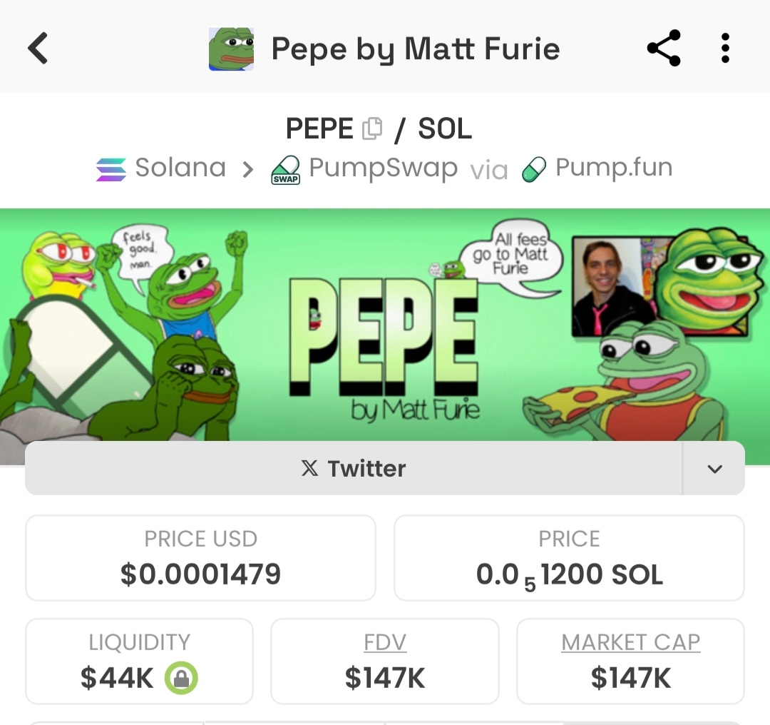 Good evening fam 🎩 ✨️ 🐸 

Fees are rerouted to <a href="/Matt_Furie/">𝓜𝓪𝓽𝓽 𝓕𝓾𝓻𝓲𝓮</a> &amp; he owns 10%.

We've never had a meta this huge where a Pump coin can actually flip the main runner, $Pepe on Eth being over 1B mc. Now that he earns fees on the art, this meta can really take off.
