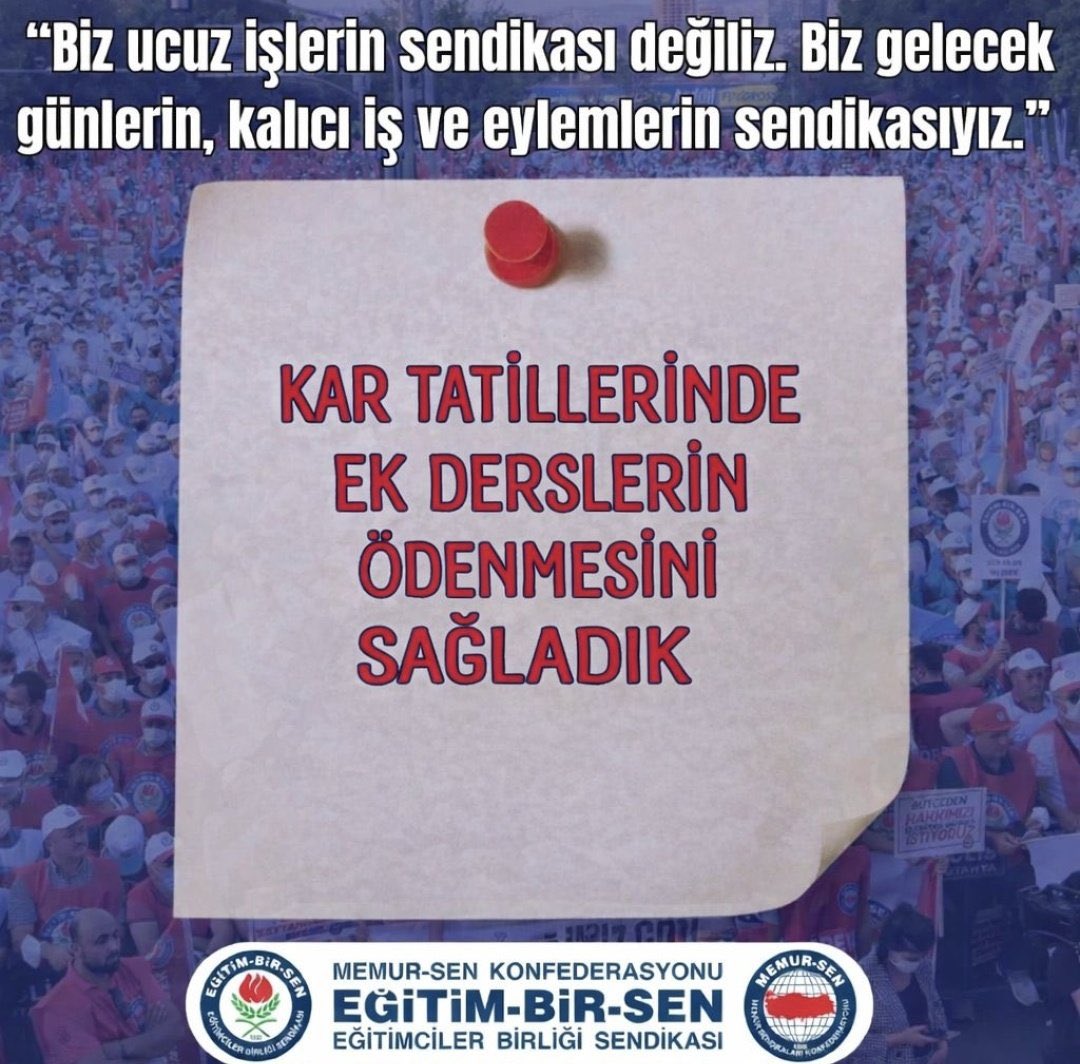 ❄️ Kar tatillerinde ek ders ücretlerinin ödenmesi bir lütuf değil,
✊ Eğitim-Bir-Sen’in mücadelesiyle kazanılmış bir haktır.
Hatırlatmakta fayda var.

<a href="/EgitimBirSen/">Eğitim-Bir-Sen</a> 
<a href="/_aliyalcin_/">Ali YALÇIN</a> 
<a href="/aselamdemir47/">Abdulselam DEMİR</a> 
<a href="/ebsmardin/">EBS Mardin</a>