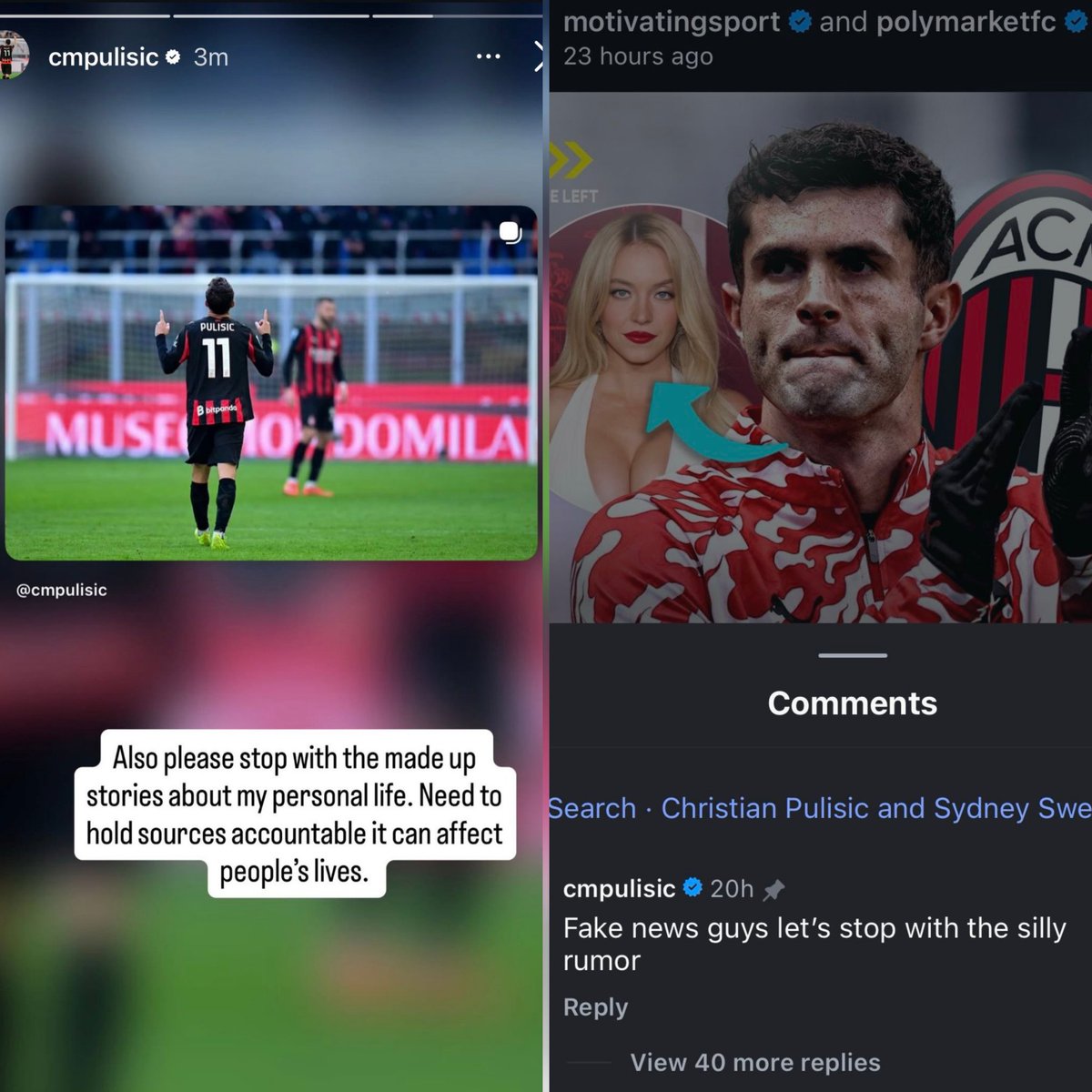 🫣❌ ERA MENTIRA 

Pulisic DESMINTIÓ en su Instagram los rumores que lo tenían en una relación con Sydney Sweeney: "Por favor, dejen de inventar historias sobre mi vida personal. Es necesario exigir responsabilidades a las fuentes, ya que puede afectar la vida de las personas".