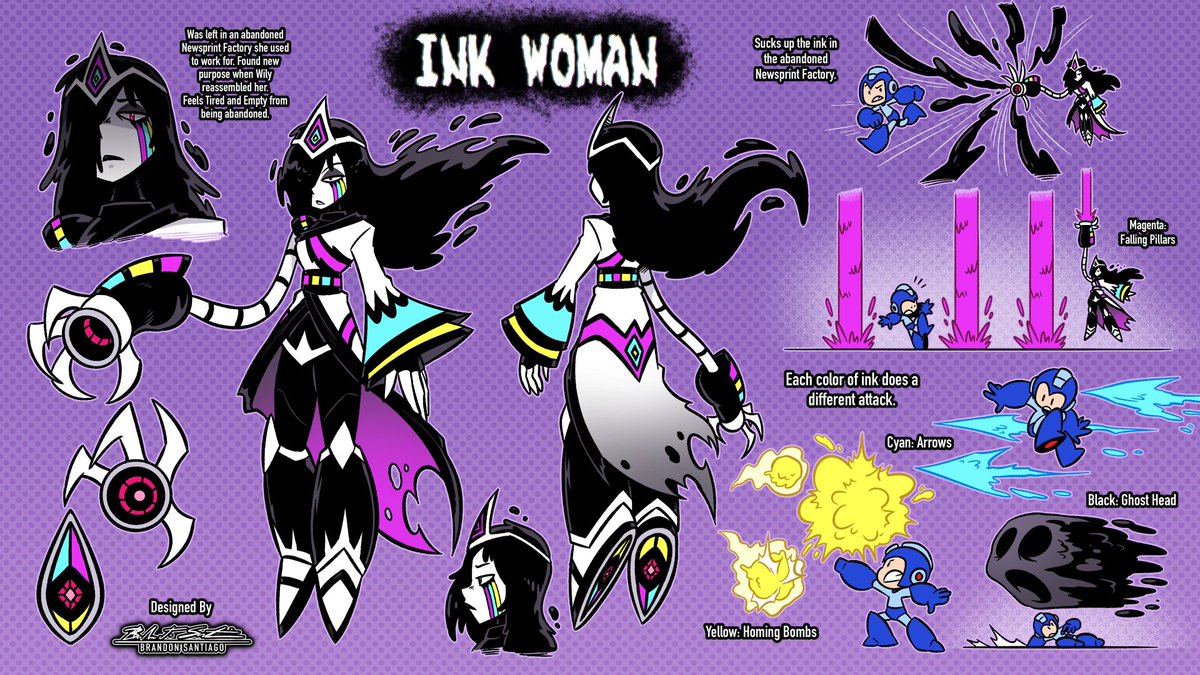 4BrandonJS4's tweet image. ROBOT MASTER DESIGN - INK WOMAN
She can suck up the ink in the newsprint factory she used to worked at, which grants her multiple varied attacks based on the ink color.

Pen Name: Brandon Santiago
#MegaManDO #DesignARobotMaster
